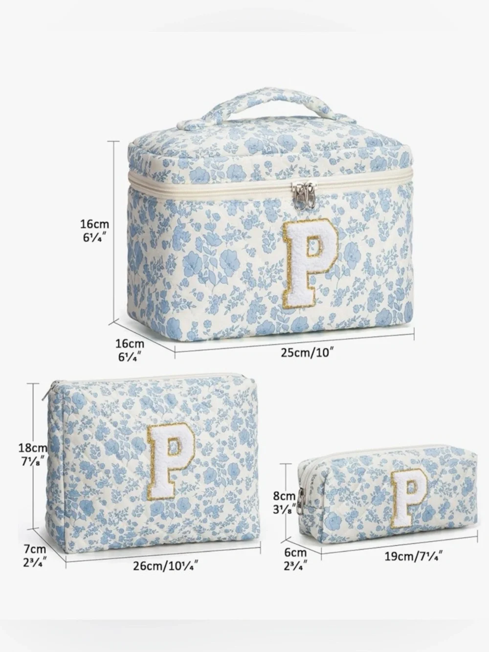 NEW Monogram P Initial Blue Floral Cosmetic Bag Set